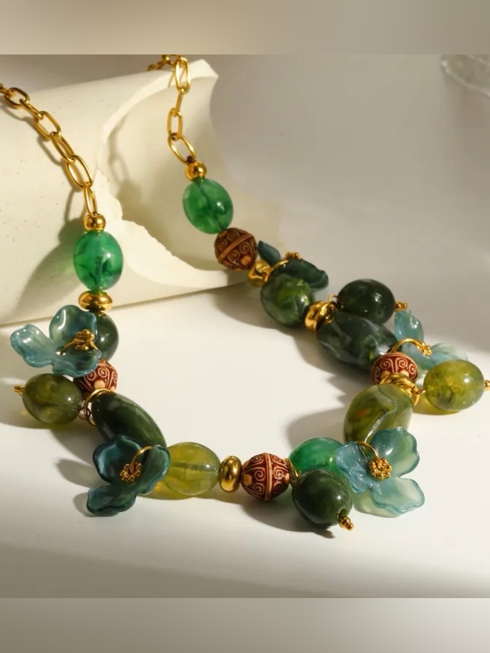 Green Floral Bead Statement Necklace - Chunky Fall Autumn Beaded Necklace